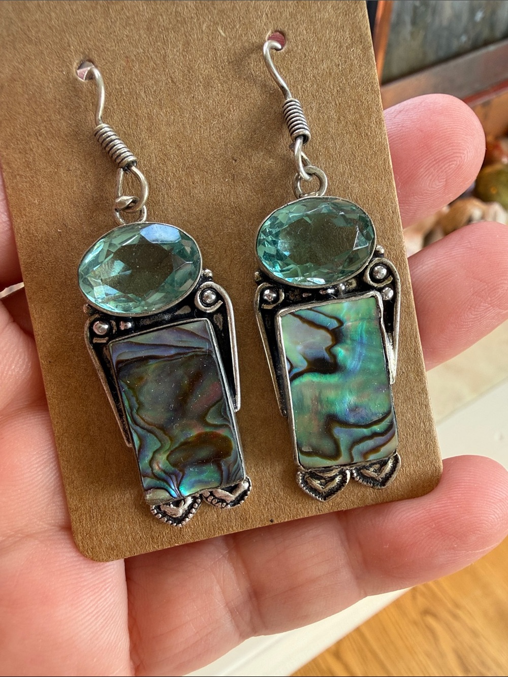 925 Silver Abalone Shell & Aqua Crystal Drop Earrings - Women Jewelry